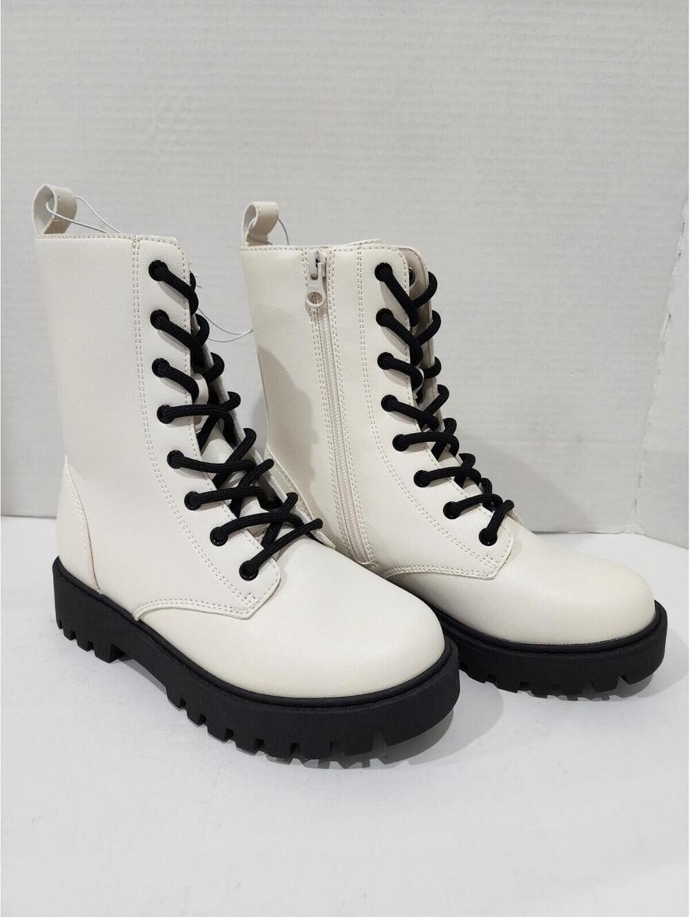 Size 2 - Art Class Girls White Black Lace Up Combat Ankle Boots Chunky Goth